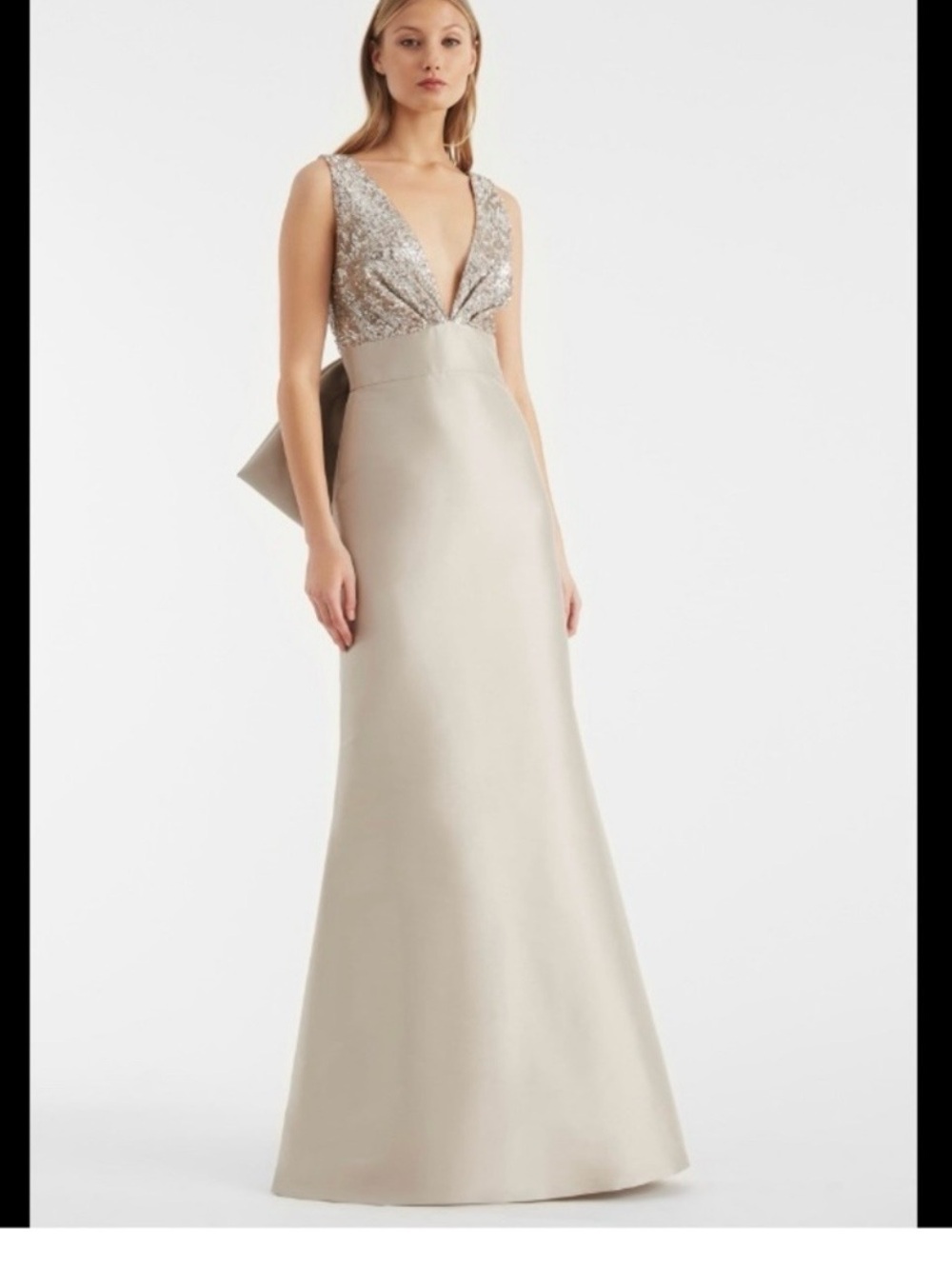 SACHIN & BABI beige sparkly plunge neck bow Maxi cocktail dress